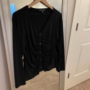 Catherine Malandrino Women's Black V Neck Ruched Long Sleeve Top Blouse Size L